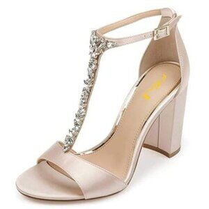 FSJ Women Wedding T Strap Open Toe Sandals Rhinestones Crystal Studded Chunky